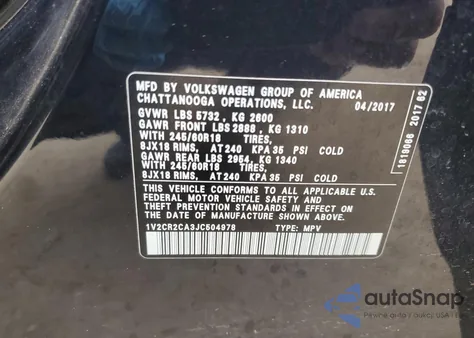 2018 Volkswagen Atlas Se from USA, damaged, VIN 1V2CR2CA3JC504978